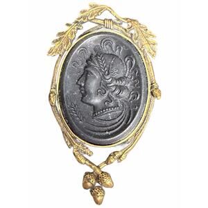 Demeter Cameo Pin By Extasia Matte Jet Hand Pressed Glass Cameo Brooch